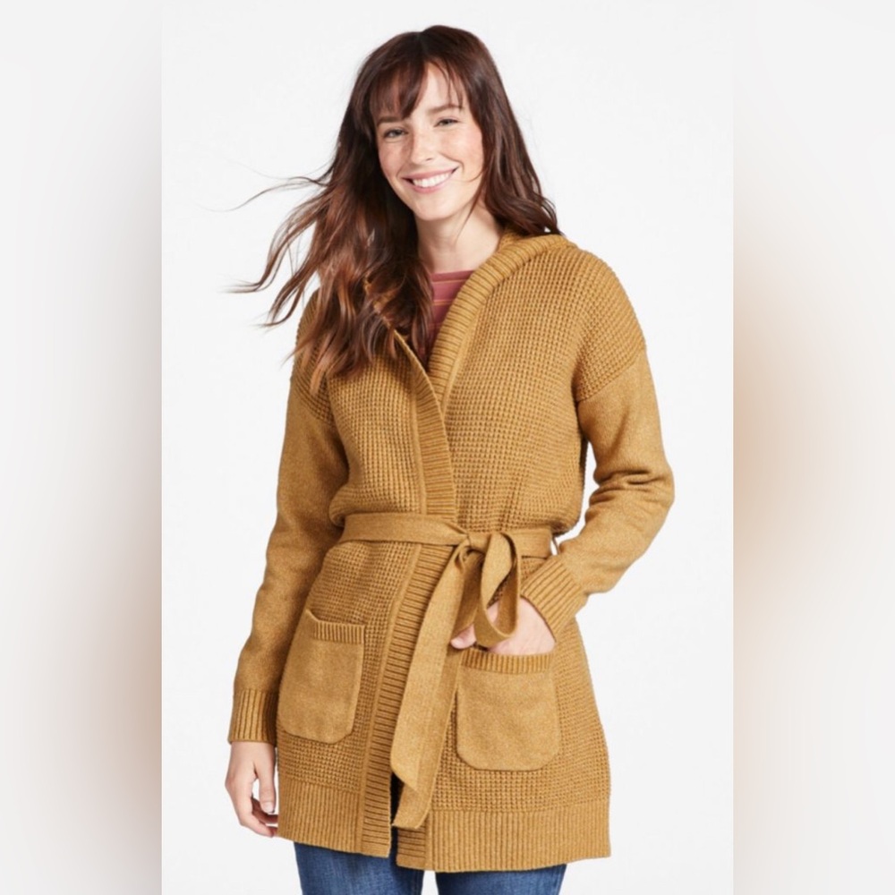 L.L. Bean Mustard Knit Belted Hooded Cardigan